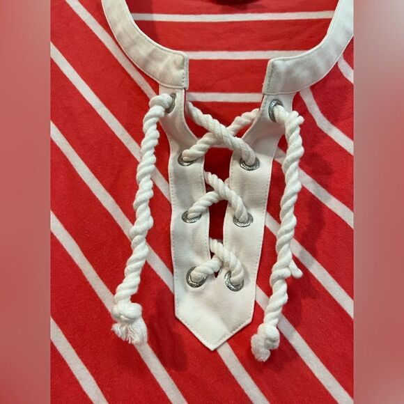 Nautica size L coral and white striped blouse with rope accent - Picture 2 of 9